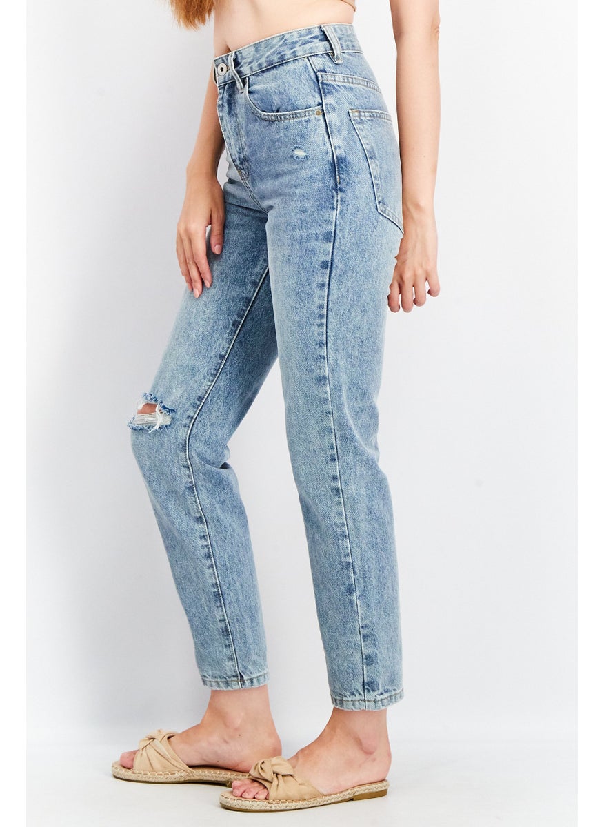 Cotton On Women Mom Fit Washed Ripped Non-Stretchable Jeans, Blue  - Image 2
