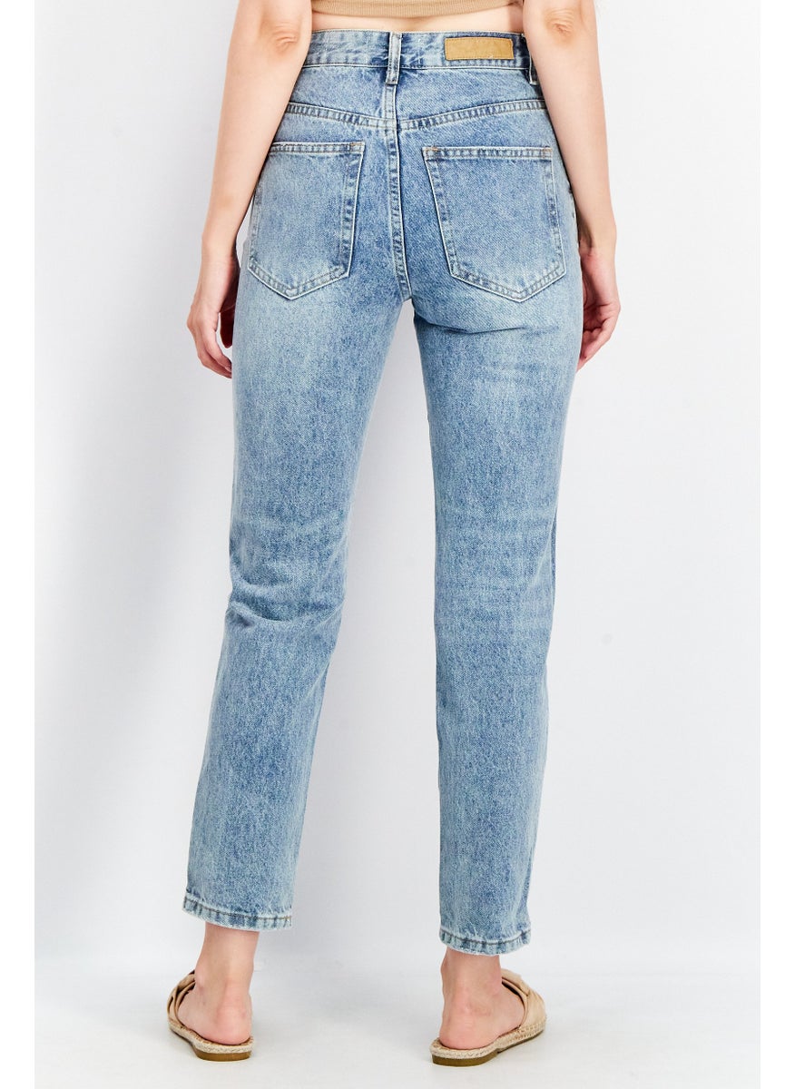 Cotton On Women Mom Fit Washed Ripped Non-Stretchable Jeans, Blue  - Image 3