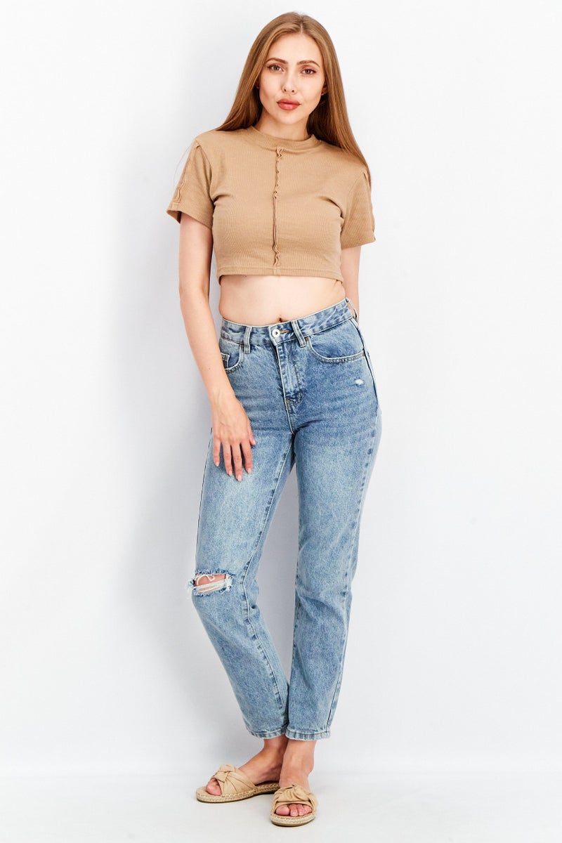 Cotton On Women Mom Fit Washed Ripped Non-Stretchable Jeans, Blue  - Image 4