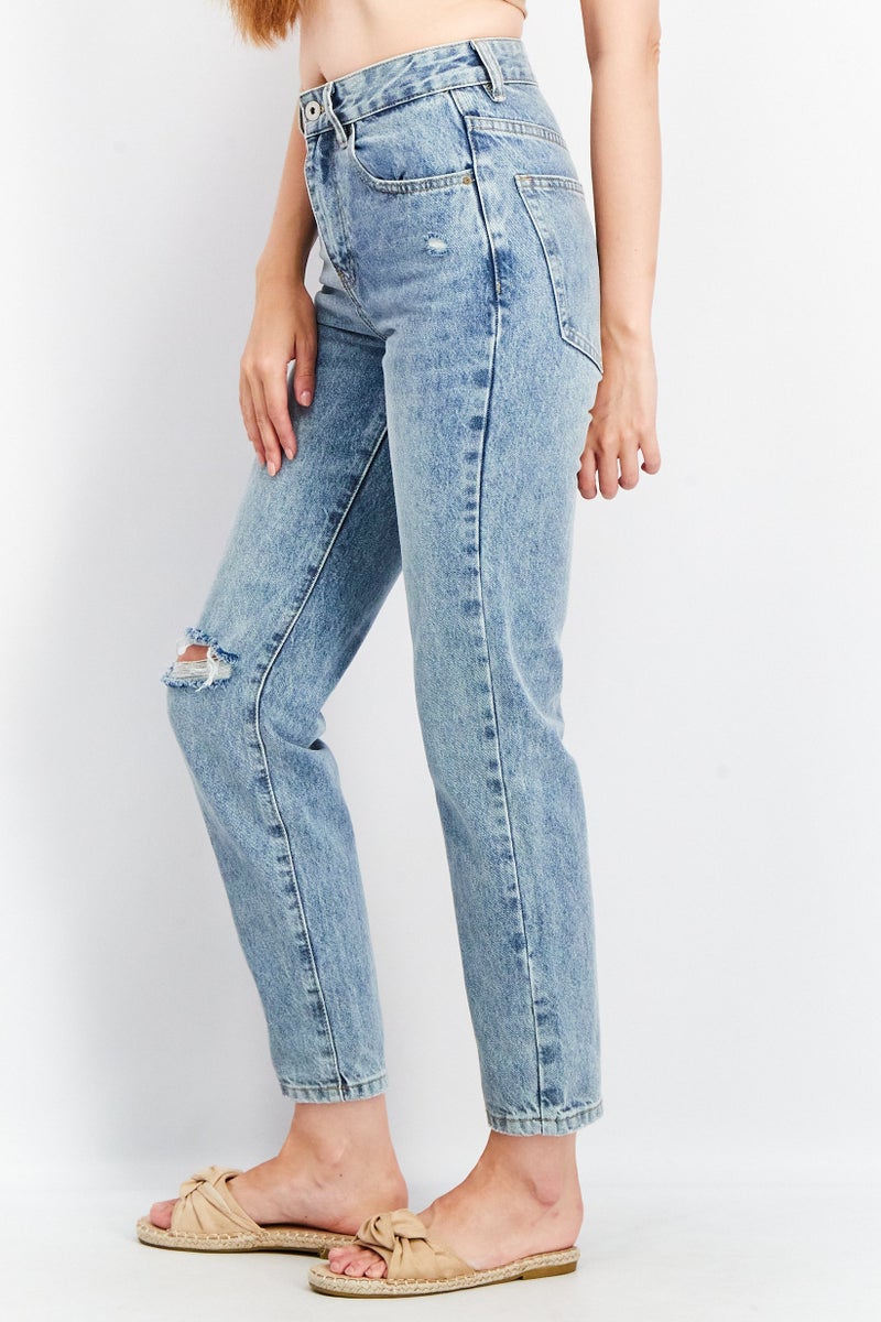 Cotton On Women Mom Fit Washed Ripped Non-Stretchable Jeans, Blue  - Image 2