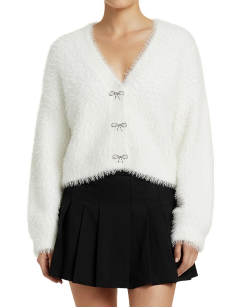 Yimoon Women's Cropped Fuzzy Cardigan Sweater Bowknot Brooch Button Knit Cardigans V Neck Long Sleeve Soft Knitwear(White-XL) - Image 1