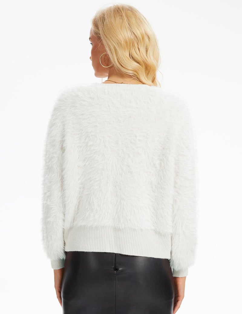 Yimoon Women's Cropped Fuzzy Cardigan Sweater Bowknot Brooch Button Knit Cardigans V Neck Long Sleeve Soft Knitwear(White-XL) - Image 4
