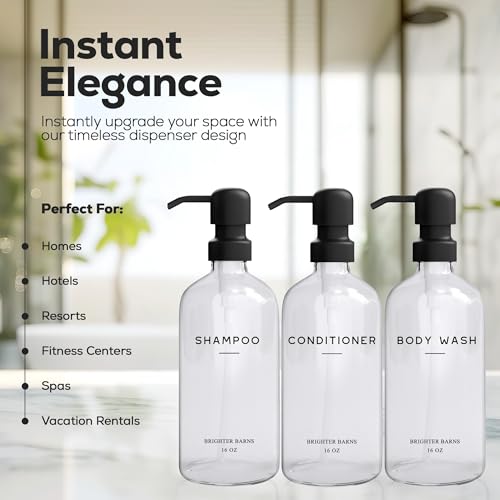 Brighter Barns Clear Shampoo and Conditioner Dispenser Set by Brighter Barns - Body Wash, Shampoo Dispenser for Shower with Pump - Refillable Plastic Shower Bottles for Bathroom Decor in Home, Airbnb, Hotel (Clear) - Image 2