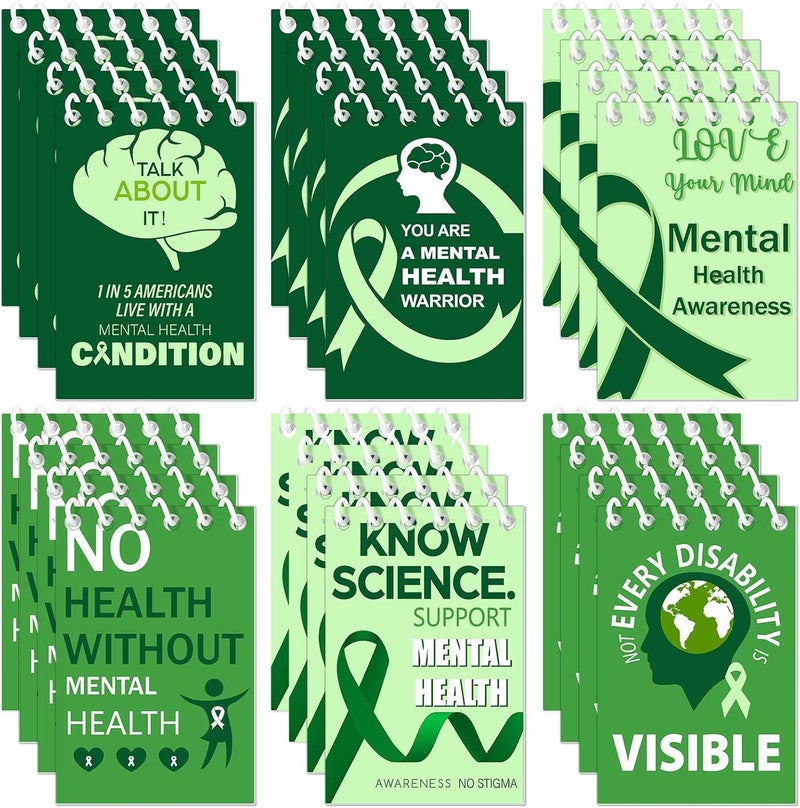 Glenmal 24 Pcs Mental Health Awareness Spiral Notebooks Mental Health Awareness Survivor Gift Green Ribbon Mini Notebook Know Science No Stigma Notebook Inspirational Notebook for Public Charity Events - Image 1