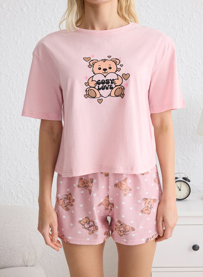trendyol Pink % Cotton Teddy Bear and Polka Dot Sleep Band Shorts Knitted Pajama Set - Image 3