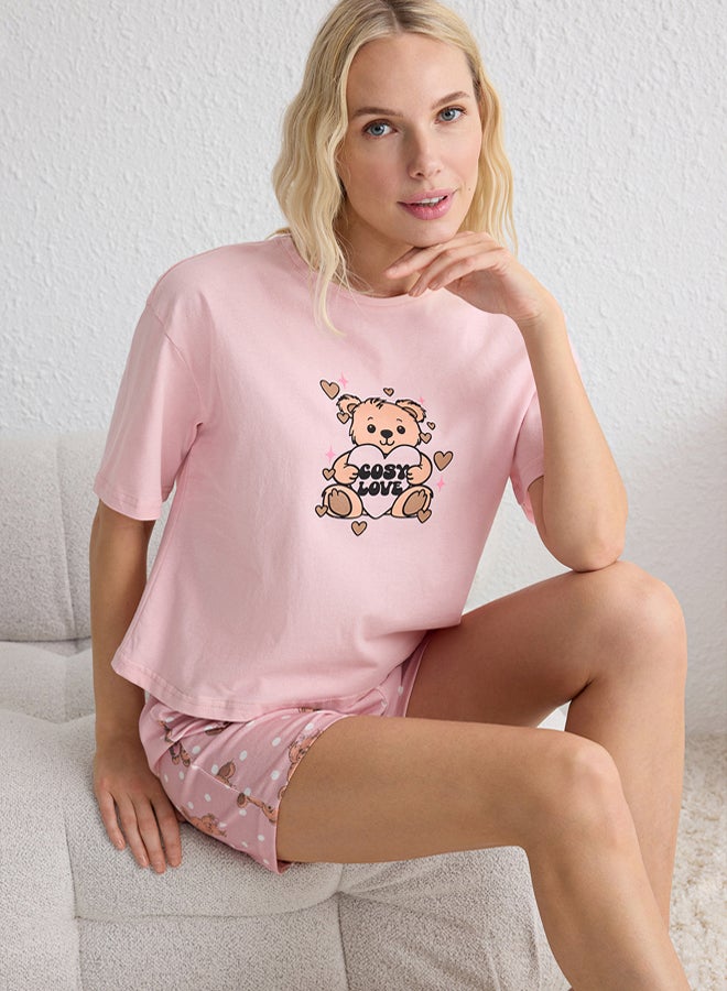 trendyol Pink % Cotton Teddy Bear and Polka Dot Sleep Band Shorts Knitted Pajama Set - Image 2