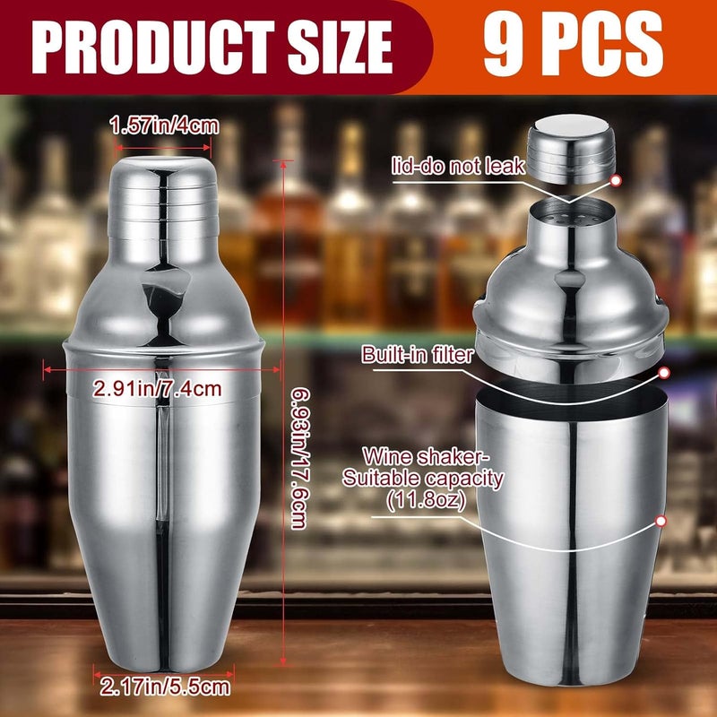 Nitial 9 Pcs Bar Cocktail Shaker Professional Stainless Steel Martini Drink Mixer Built-in Strainer for Bartending No Leaks Boston Shaker for Bar Party Drink Tool(Silver,11.8 oz) - Image 2