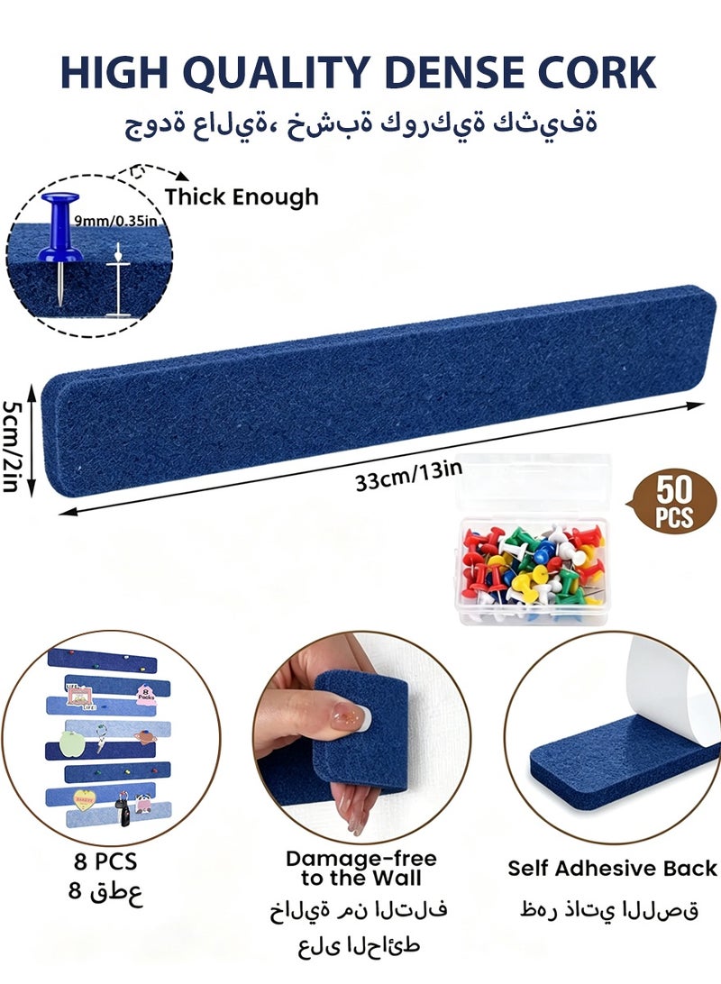 DPTER 8Pcs Cork Board Bar Strips with 50 Pushpins, Self-Adhesive Bulletin Board Strips No Damage for Wall, Felt Pin Board for Paste Notes, Photos, Schedules Office Decor，33*5cm, Blue - Image 2