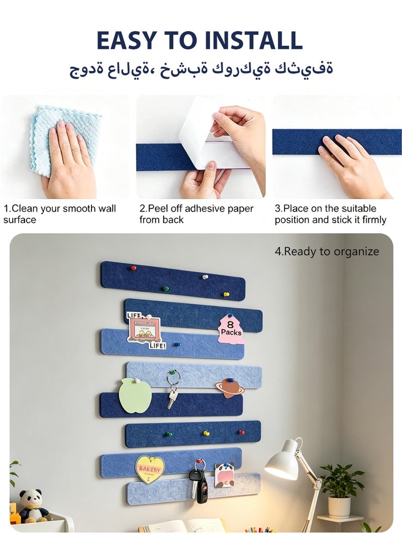 DPTER 8Pcs Cork Board Bar Strips with 50 Pushpins, Self-Adhesive Bulletin Board Strips No Damage for Wall, Felt Pin Board for Paste Notes, Photos, Schedules Office Decor，33*5cm, Blue - Image 3