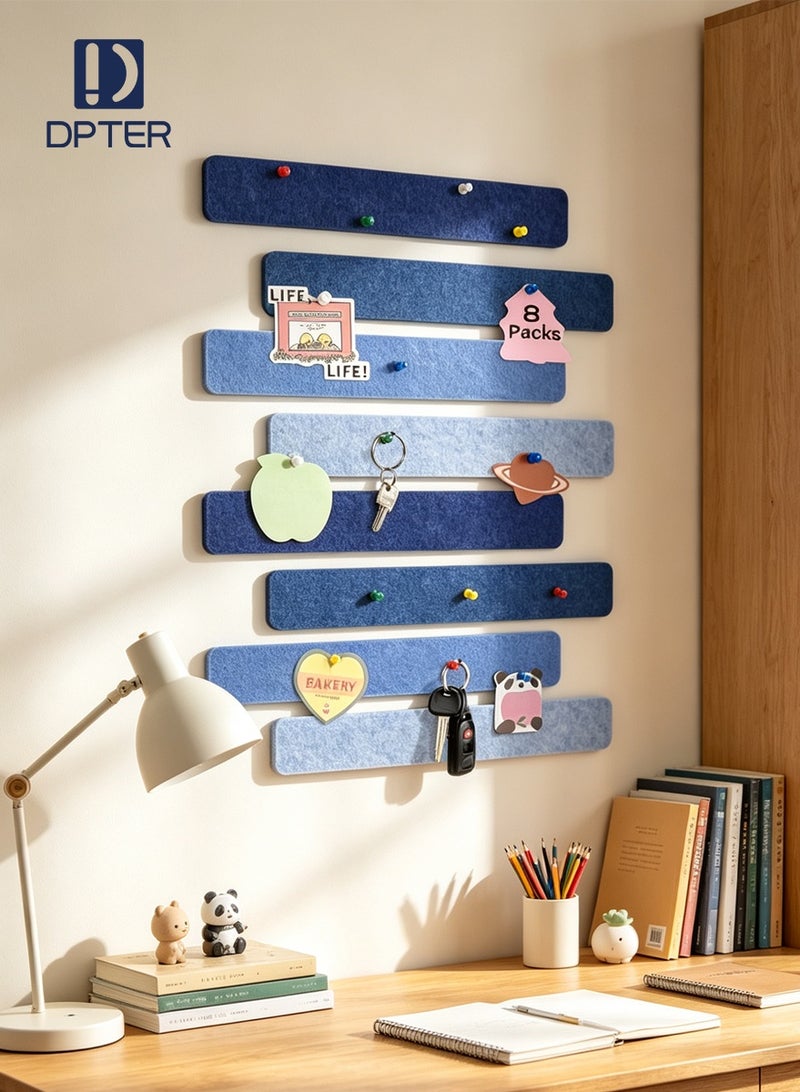 DPTER 8Pcs Cork Board Bar Strips with 50 Pushpins, Self-Adhesive Bulletin Board Strips No Damage for Wall, Felt Pin Board for Paste Notes, Photos, Schedules Office Decor，33*5cm, Blue - Image 1