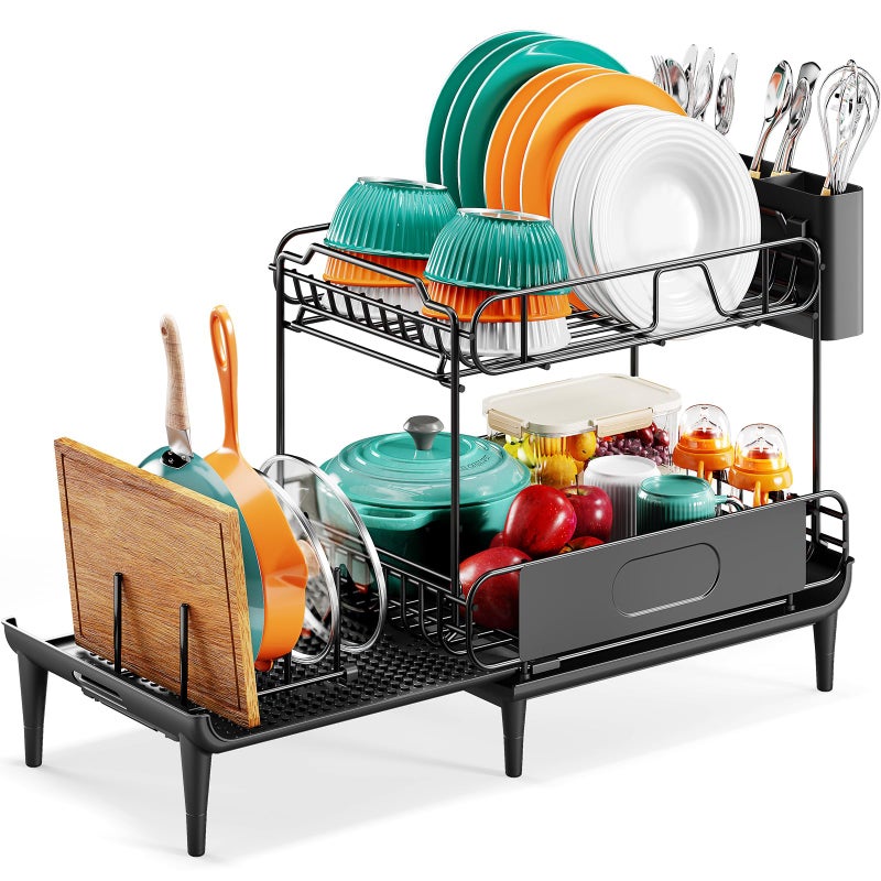 Urackify Dish Drying Rack for Kitchen Counter Expandable 2 Tier Dish Rack Large Capacity Dish Drainer with Drainboard Multifunctional Dish Strainer with Removable Cutlery Holder Black