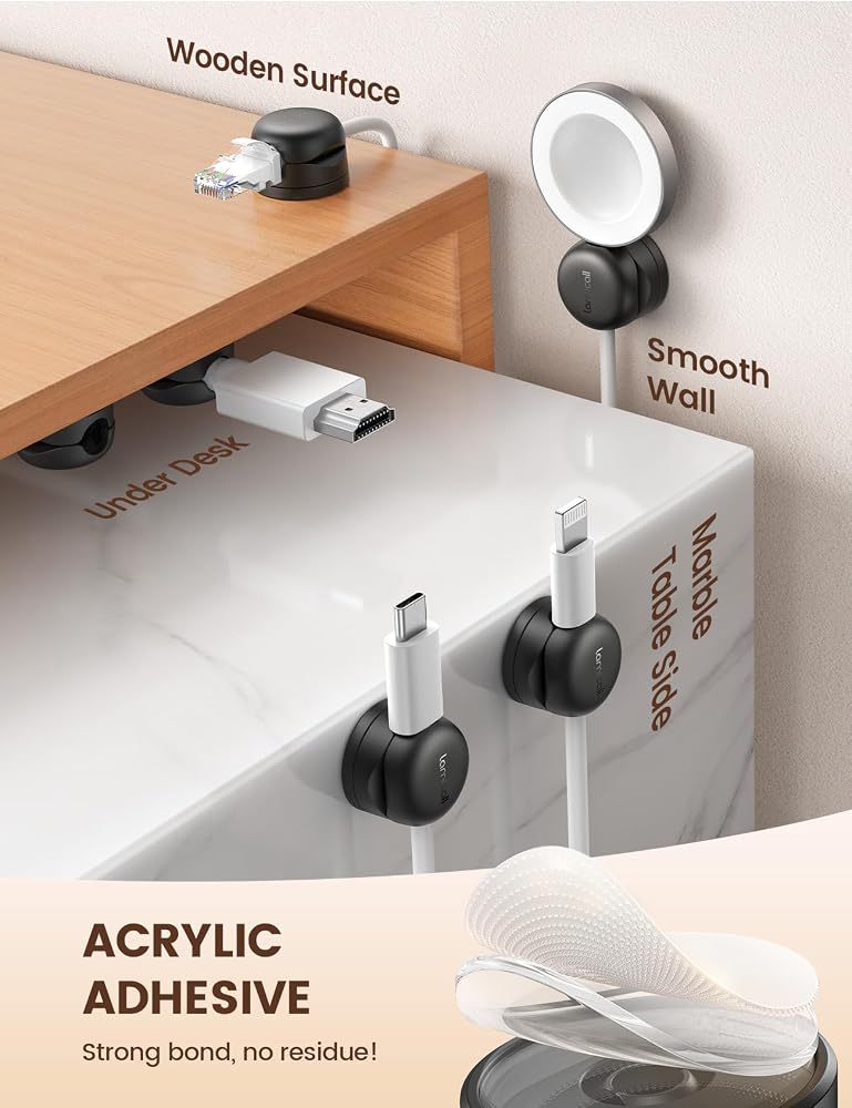 Lamicall 6Pack Cord Organizer, [Upgrade Rotatable] [1s Lock] Spring Cable Holder -Lamicall Cord Management Clips, Desk Phone Charger Holder, Adhesive USB Wire Organizer Keeper for Office Nightstand - Image 4