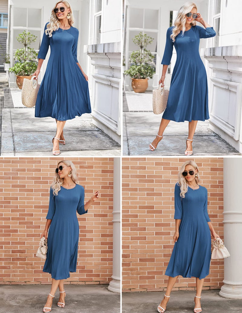 HOTOUCH Women's Plus Size 3/4 Sleeve Flowy A-Line Pocket Midi Maxi Dress (Deep Sky Blue XXL) - Image 4