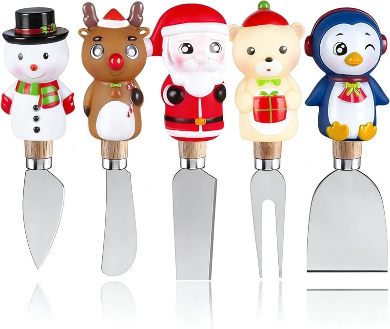Linwnil Christmas Cheese Spreaders Set of 5 - Festive Silicone Sleeves, Wooden Handles, Gift Box - Perfect for Cream Cheese, Butter, Jam, Charcuterie Boards - Image 1