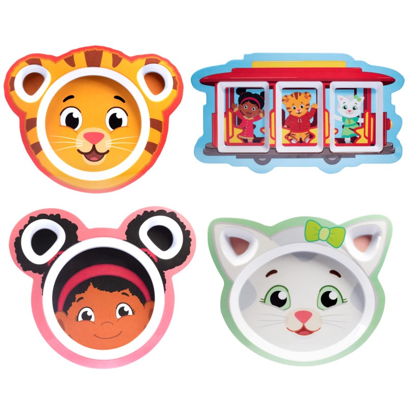 SCS Direct 4 Daniel Tiger Mealtime Feeding Plates -Cute Dishes for Kids w/ Daniel Tiger, Trolley, Katerina Kitty Cat & Elaina - Divided Compartments for Portion Control & Healthy Eating, Dishwasher Safe - Image 1
