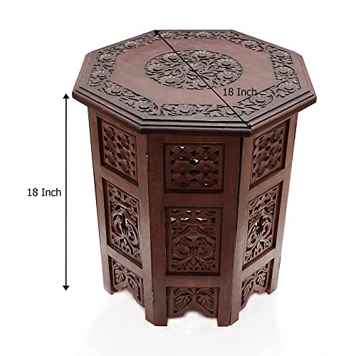 Cotton Craft Solid Wood Accent End Table - Hand Carved Vintage Boho Folding Side Table - Small Spaces Entryway Farmhouse Living Room Bedside - No Tools Assembly -18x18 Round - Jaipur Antique Brown - Image 3