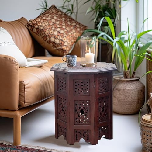 Cotton Craft Solid Wood Accent End Table - Hand Carved Vintage Boho Folding Side Table - Small Spaces Entryway Farmhouse Living Room Bedside - No Tools Assembly -18x18 Round - Jaipur Antique Brown - Image 5