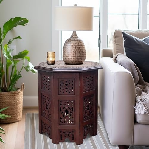 Cotton Craft Solid Wood Accent End Table - Hand Carved Vintage Boho Folding Side Table - Small Spaces Entryway Farmhouse Living Room Bedside - No Tools Assembly -18x18 Round - Jaipur Antique Brown - Image 2