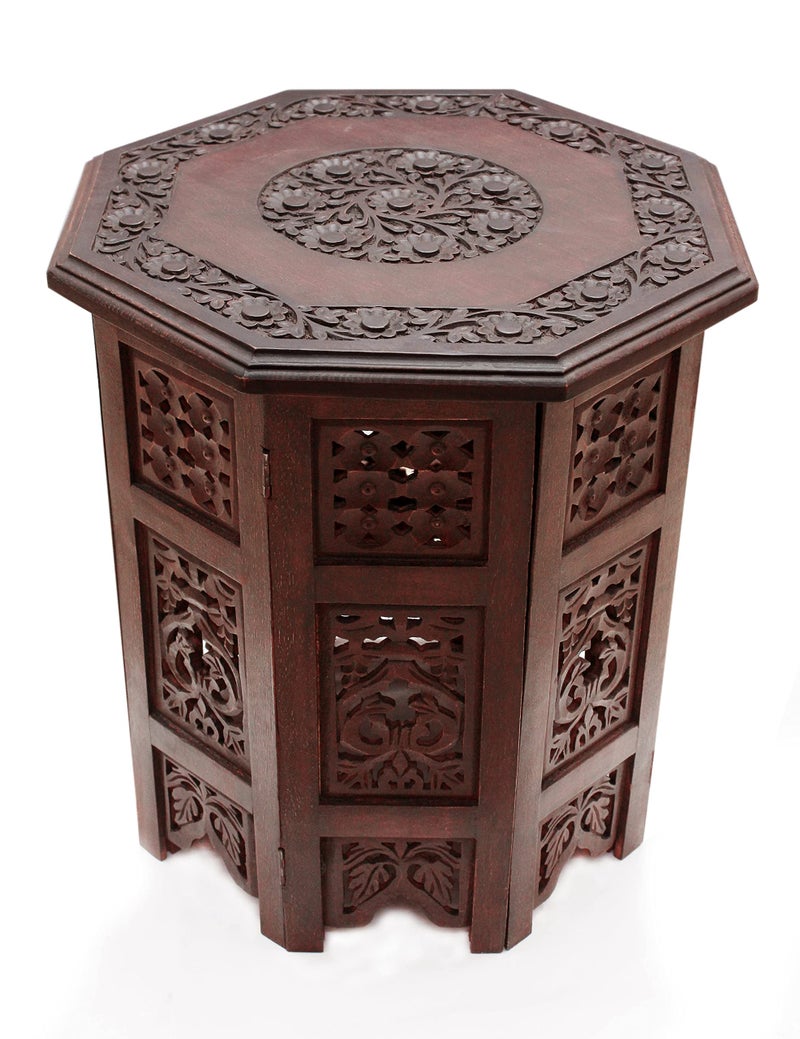 Cotton Craft Solid Wood Accent End Table - Hand Carved Vintage Boho Folding Side Table - Small Spaces Entryway Farmhouse Living Room Bedside - No Tools Assembly -18x18 Round - Jaipur Antique Brown - Image 1