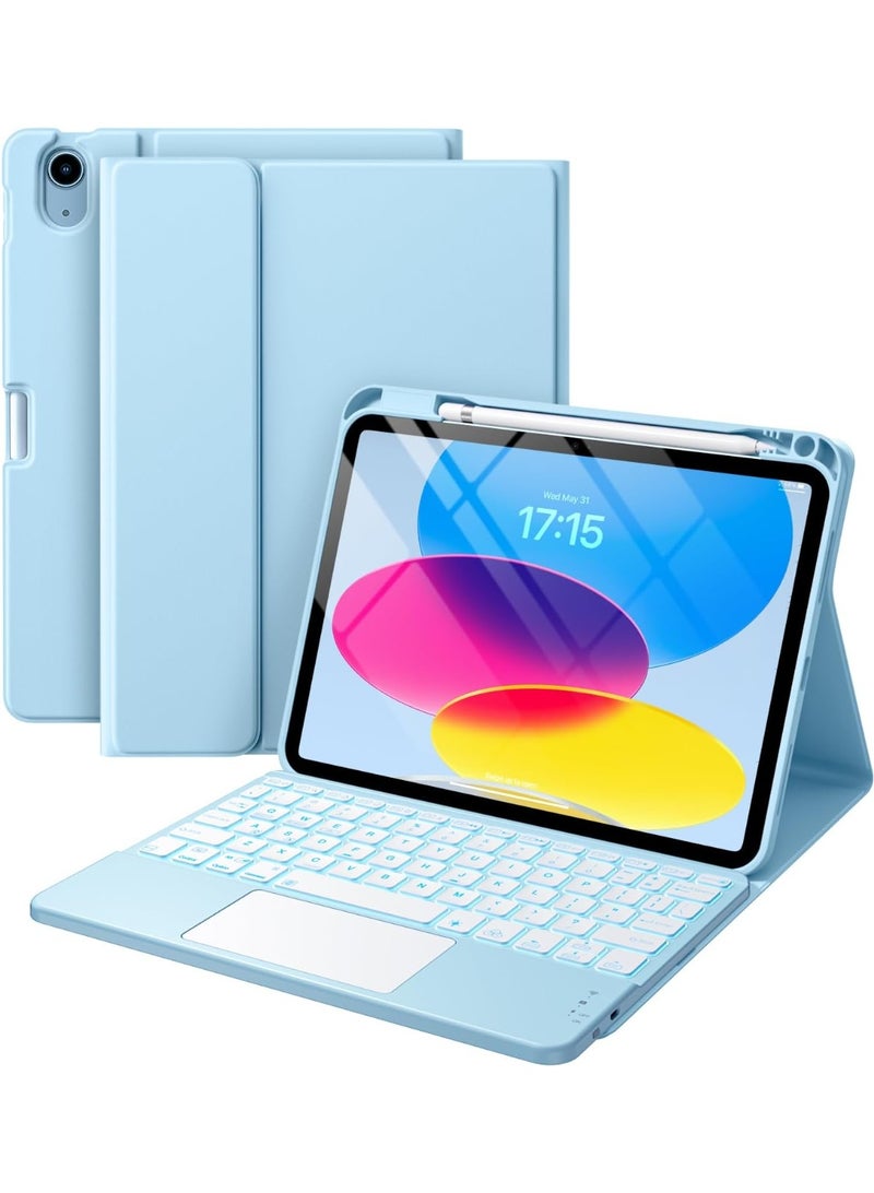 متوافق مع الـ iPad 11th 10th Generation Case مع لوحة المفاتيح ، غطاء فوليو مع حامل قلم رصاص ، لوحة تعقب متعددة اللمس ، 7 ألوان مضاءة خلفية ، لوحة مفاتيح قابلة للفصل لـ iPad (A16) 11th / 10th Gen (Sky Blue) - Image 1