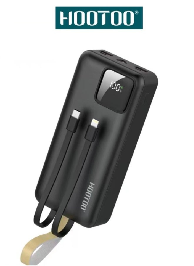 HooToo - Hootoo 30000mAh Power Bank with 3 Outputs (2 x USB-A, 1 x USB-C) and input (micro-USB), Two built-in cables, Battery digital Display, 22.5W Fast Charging, LED Flashlight and Carrying Strap. Black - Image 1