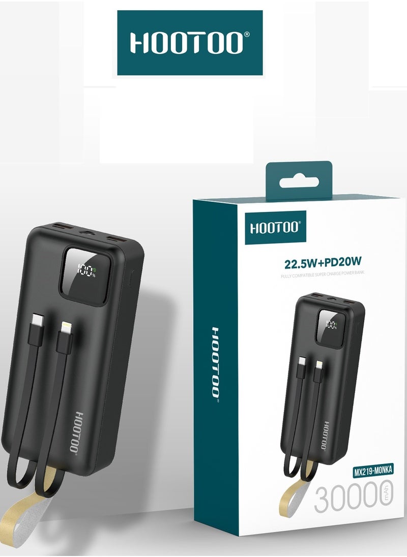 HooToo - Hootoo 30000mAh Power Bank with 3 Outputs (2 x USB-A, 1 x USB-C) and input (micro-USB), Two built-in cables, Battery digital Display, 22.5W Fast Charging, LED Flashlight and Carrying Strap. Black - Image 1