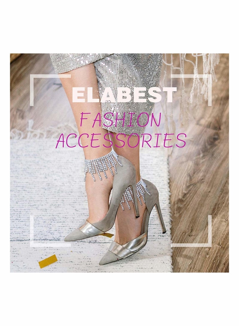 SOLARAE Boho Tassel Ankle Bracelets with Crystals and Rhinestones - Glittering Tennis Foot Chains for Weddings and Special Occasions - 2PCS Body Jewelry Accessories for Women and Girls. - Image 4