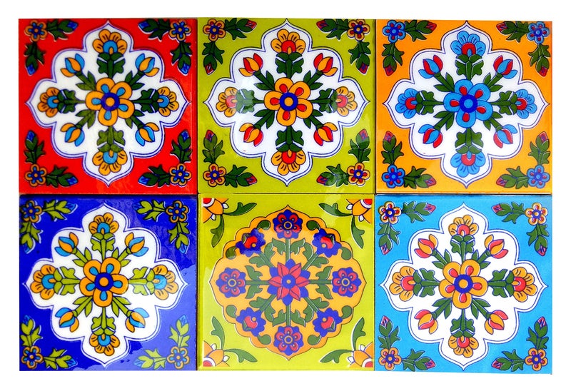Shiv Kripa Blue Pottery Show Room Floor Tile Seamless Pattern Traditional Handmade Install Furniture Backsplash Designer Decor Wall Floor Furniture Decorative 4 x 4 Inch Pack of 6 Tiles (Multi) - Image 1