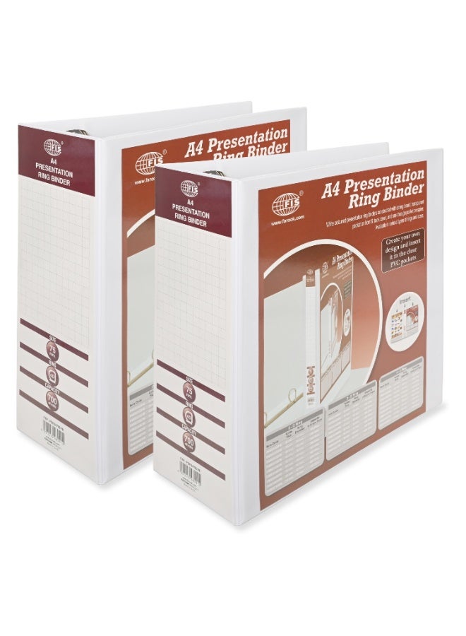 FIS Presentation Binder, A4 Size(210x297mm), 4[D]Ring Type, 75mm Ring Size, 4.50" Inches Spine with Clear PVC Pocket For Easy Insert Your Label Design, Packet of 2 Pieces, White Color-FSBD475DPB/2 - Image 1