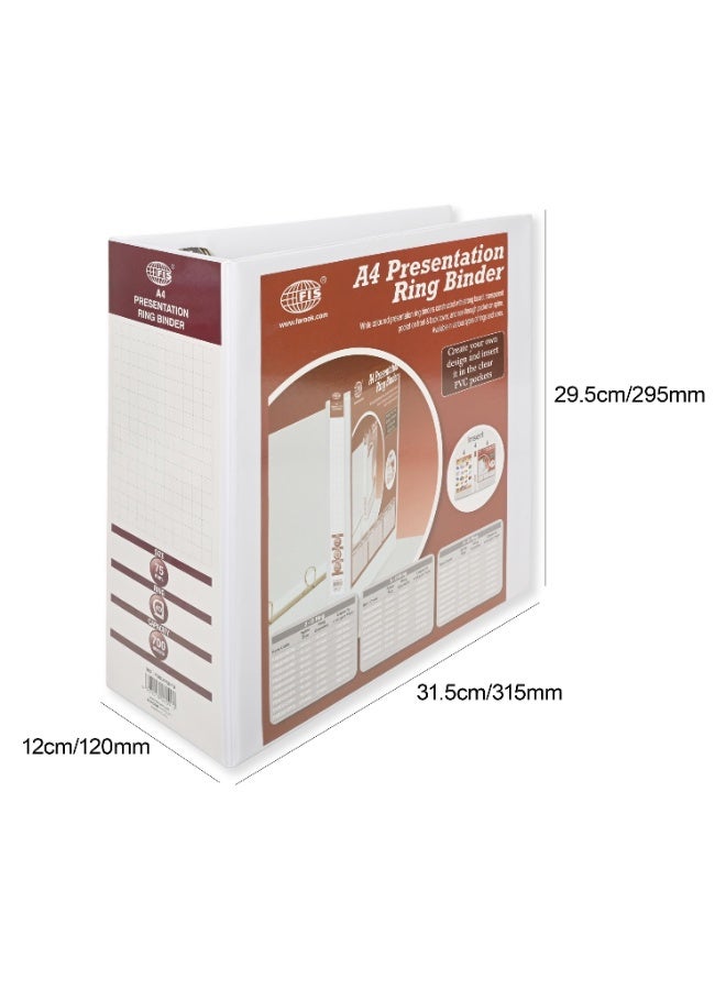 FIS Presentation Binder, A4 Size(210x297mm), 4[D]Ring Type, 75mm Ring Size, 4.50" Inches Spine with Clear PVC Pocket For Easy Insert Your Label Design, Packet of 2 Pieces, White Color-FSBD475DPB/2 - Image 5