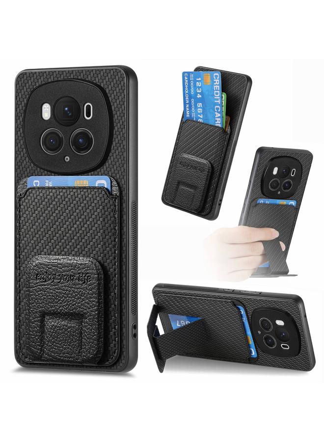 For Honor Magic6 Pro Carbon Fiber Card Bag Fold Stand Phone Case(Black)