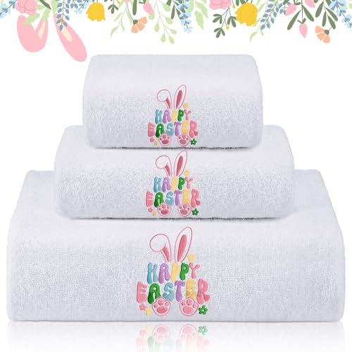 Gilprop 3 Pcs Easter Embroidered Bath Cotton Towels Set Including 1 Bath Towel 1 Hand Towel and 1 Wash Cloth Bunny Embroidered Towels Gift Set for Kitchen Bathroom Gym Spa Decorations - Image 1