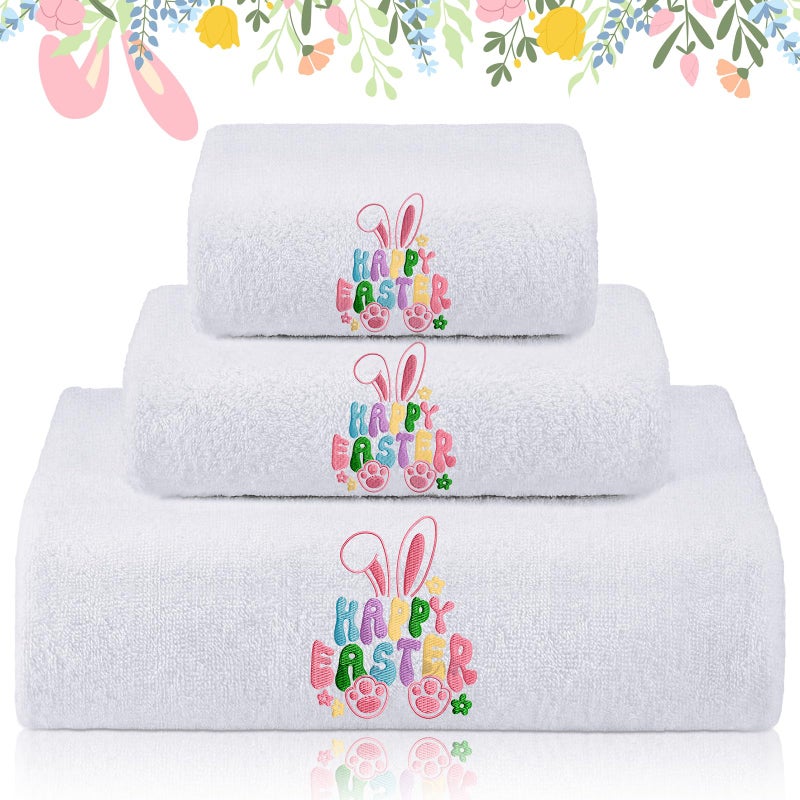 Gilprop 3 Pcs Easter Embroidered Bath Cotton Towels Set Including 1 Bath Towel 1 Hand Towel and 1 Wash Cloth Bunny Embroidered Towels Gift Set for Kitchen Bathroom Gym Spa Decorations - Image 2