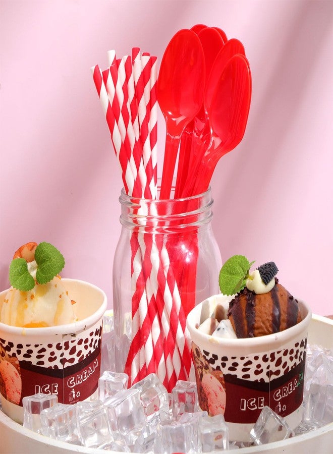 Potchen 100 Sets/200 Pcs 8.27 Inch Sundae Spoons and Red Paper Straws Heavy Duty Plastic Utensils Party Supply for Ice Cream,Milkshakes,Stirring Cocktails and Tall Ice Beverages - Image 4