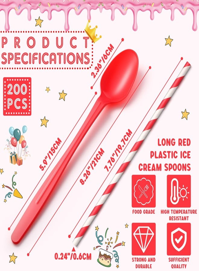 Potchen 100 Sets/200 Pcs 8.27 Inch Sundae Spoons and Red Paper Straws Heavy Duty Plastic Utensils Party Supply for Ice Cream,Milkshakes,Stirring Cocktails and Tall Ice Beverages - Image 2