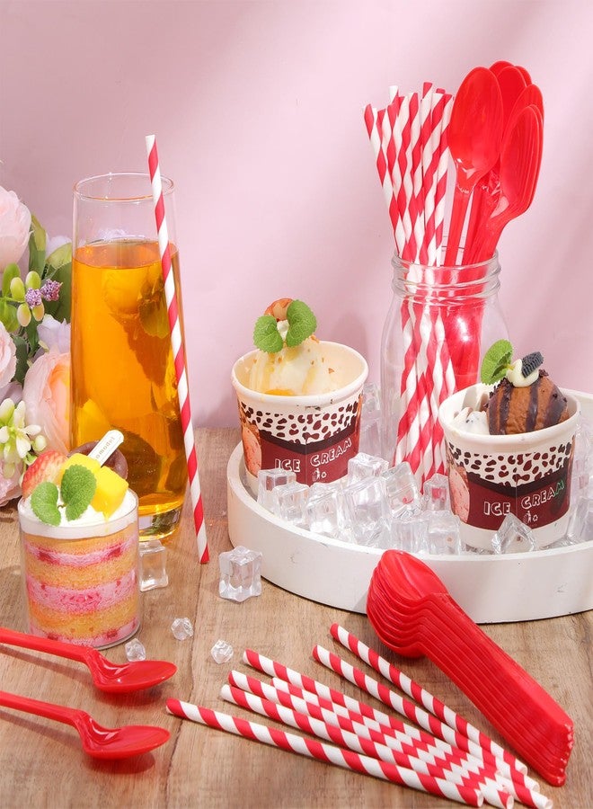 Potchen 100 Sets/200 Pcs 8.27 Inch Sundae Spoons and Red Paper Straws Heavy Duty Plastic Utensils Party Supply for Ice Cream,Milkshakes,Stirring Cocktails and Tall Ice Beverages - Image 3