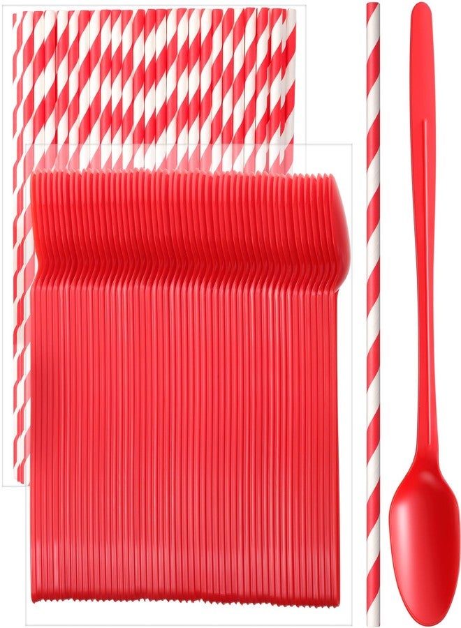 Potchen 100 Sets/200 Pcs 8.27 Inch Sundae Spoons and Red Paper Straws Heavy Duty Plastic Utensils Party Supply for Ice Cream,Milkshakes,Stirring Cocktails and Tall Ice Beverages - Image 1