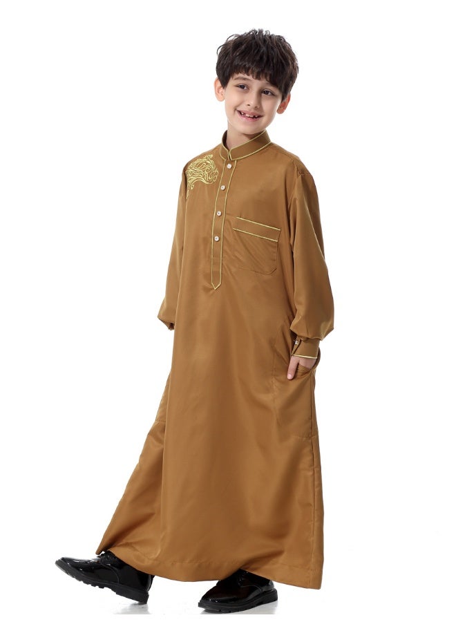 Hanyimidoo Arabic Thobe Muslim Thobe Kaftan Stand Collar Robe with Botton for Boy - Image 3