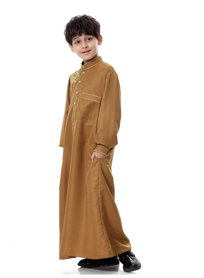 Hanyimidoo Arabic Thobe Muslim Thobe Kaftan Stand Collar Robe with Botton for Boy - Image 4