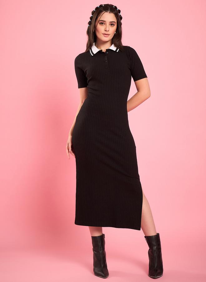 WineRed Women Black Collared Bodycon Dress - Image 1