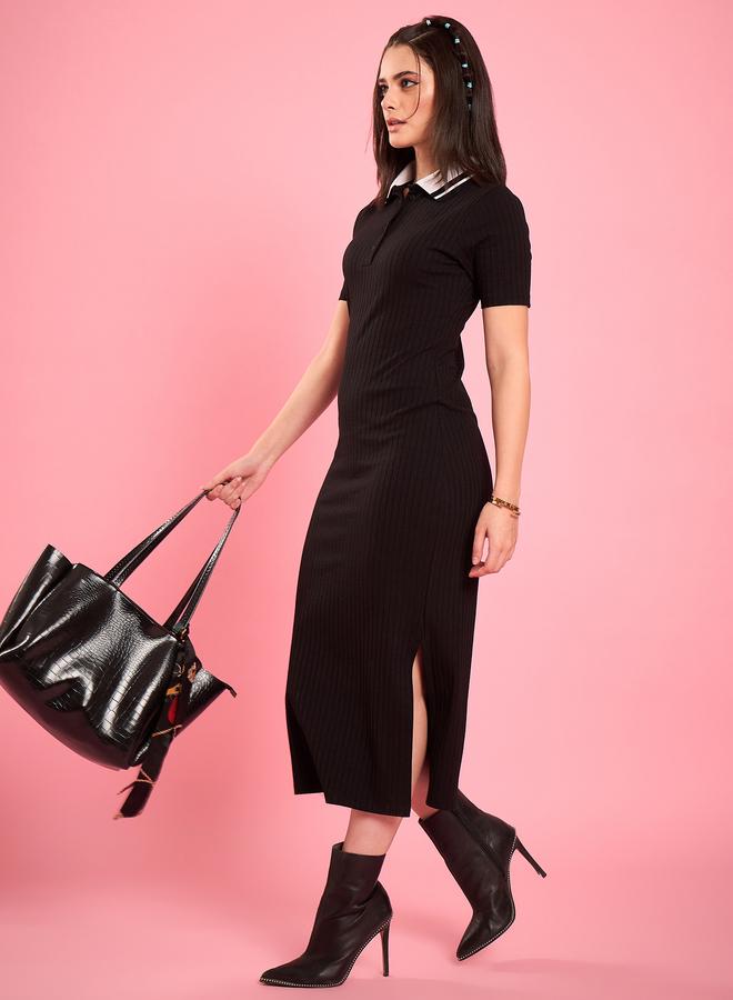 WineRed Women Black Collared Bodycon Dress - Image 2