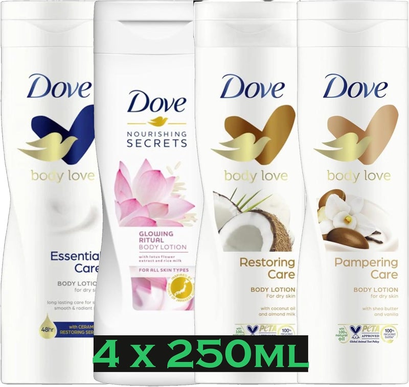 Dove Body Lotion Bundle 4Pack 250ml Bottles with Essential Glowing Pampering and Restoring Care Formulas for Dry and All Skin Types Moisturizing Skincare Set