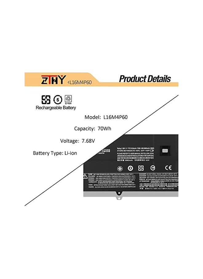 ZTHY - L16M4P60 Battery Replacement For Lenovo Yoga 920 920-13Ikb 920-131Kb Glass Ideapad Flex Pro-13Ikb Yoga 6 Pro 13Ikb Series L16C4P61 5B10N01565 5B10W67249 5B10N17665 7.68V 70Wh - Image 1