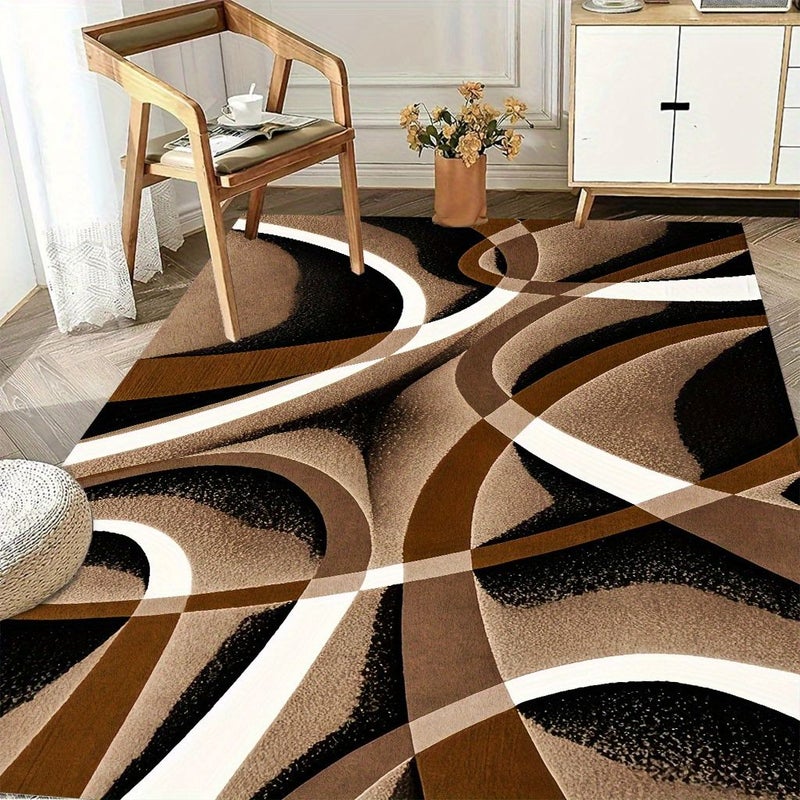 Velvet 850G/M² Extra Large Luxurious Soft Thickened Rectangular Rug 47x63 Inches Modern Abstract Curve Pattern Brown Black White Color Block Machine Washable Non-Slip Backing Lightweight Durable - Image 2