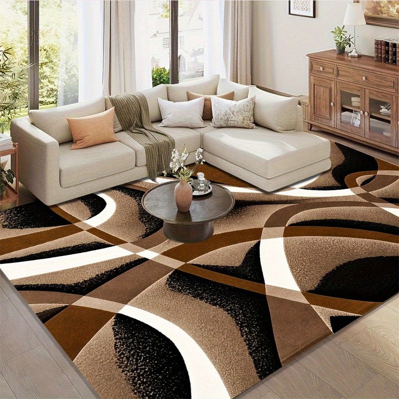Velvet 850G/M² Extra Large Luxurious Soft Thickened Rectangular Rug 47x63 Inches Modern Abstract Curve Pattern Brown Black White Color Block Machine Washable Non-Slip Backing Lightweight Durable - Image 4