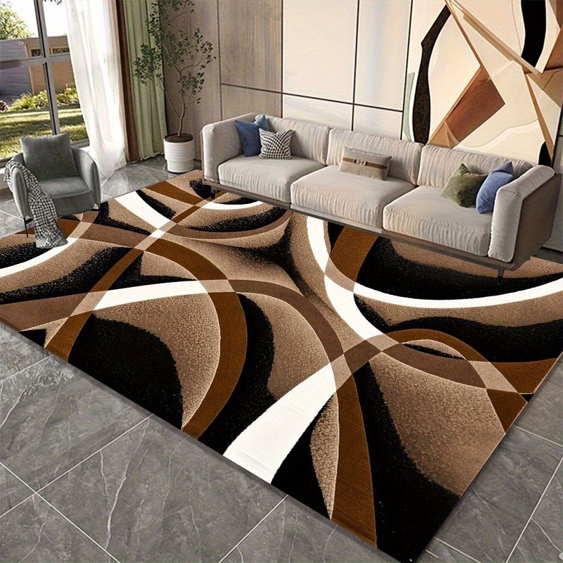 Velvet 850G/M² Extra Large Luxurious Soft Thickened Rectangular Rug 47x63 Inches Modern Abstract Curve Pattern Brown Black White Color Block Machine Washable Non-Slip Backing Lightweight Durable - Image 1