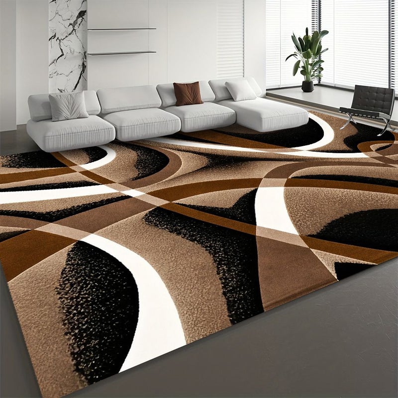 Velvet 850G/M² Extra Large Luxurious Soft Thickened Rectangular Rug 47x63 Inches Modern Abstract Curve Pattern Brown Black White Color Block Machine Washable Non-Slip Backing Lightweight Durable - Image 5