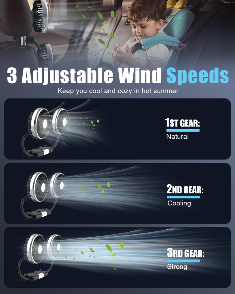 Dual Head 360° Rotatable Car Fan for Backseat - USB Powered Adjustable Speed Cooling Fan with LED Lights for Sedan, SUV, Truck, Van - 3 Speed Settings & Flexible Hose  Mount - Image 4