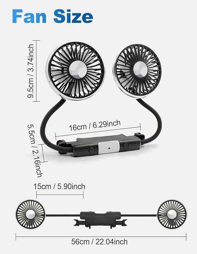 Dual Head 360° Rotatable Car Fan for Backseat - USB Powered Adjustable Speed Cooling Fan with LED Lights for Sedan, SUV, Truck, Van - 3 Speed Settings & Flexible Hose  Mount - Image 5