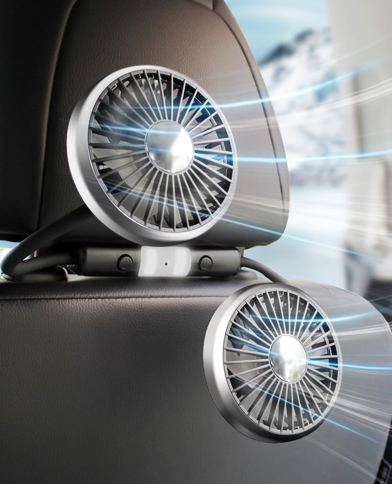 Dual Head 360° Rotatable Car Fan for Backseat - USB Powered Adjustable Speed Cooling Fan with LED Lights for Sedan, SUV, Truck, Van - 3 Speed Settings & Flexible Hose  Mount - Image 1